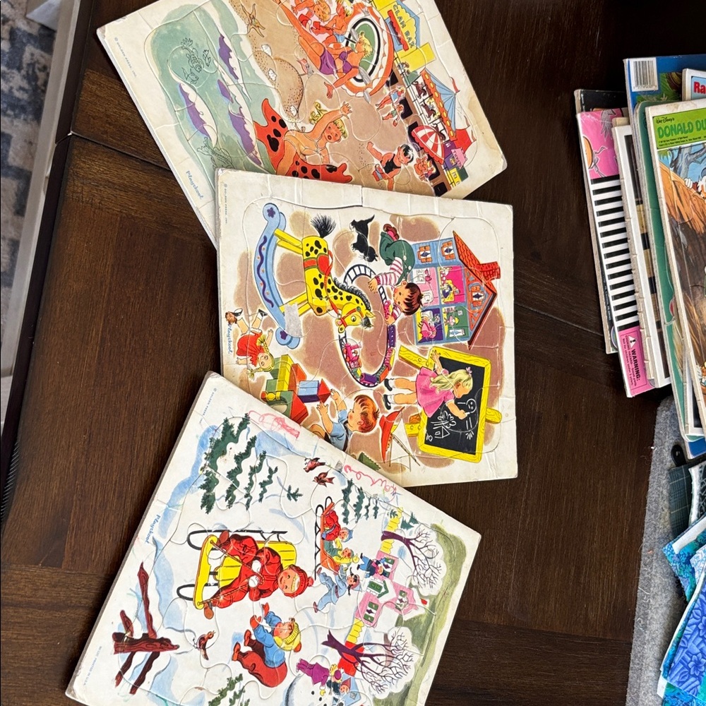 Vintage Kids Wooden Puzzle Set - Colorful Multicolor Scenes